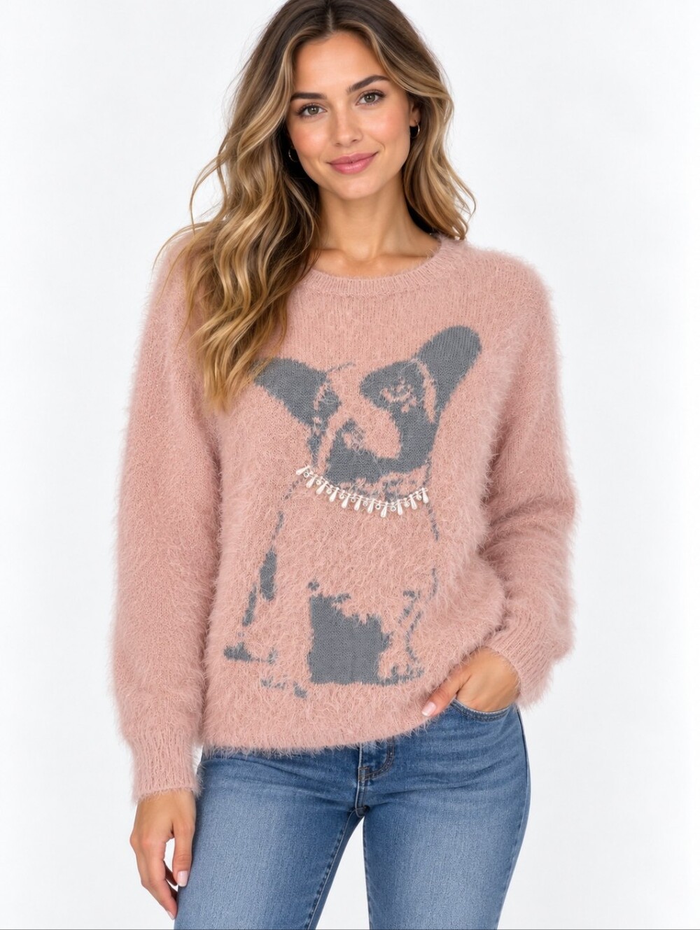 Black Rivet Dog Sweater Women M Pink Fuzzy Puppy Pearl Beaded Novelty Knit
